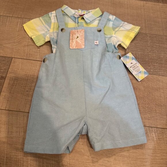 TOMMY BAHAHMA KIDS BOYS YELLOW AND BLUE OVERALL OUTFIT NEW 12-18 MONTH - Picture 2 of 8